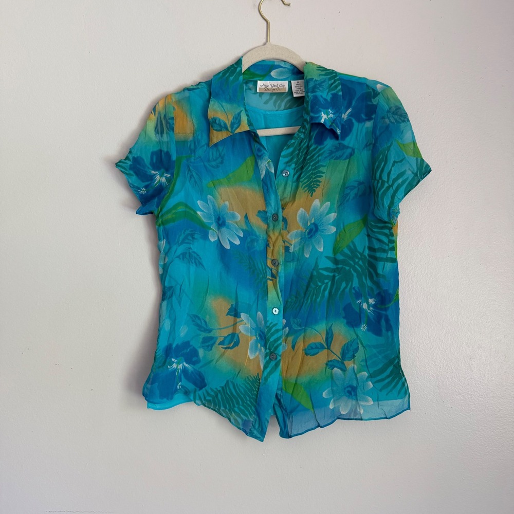 Vintage New York City Design Co Womens Silk Tropical Floral Button Down Blouse M